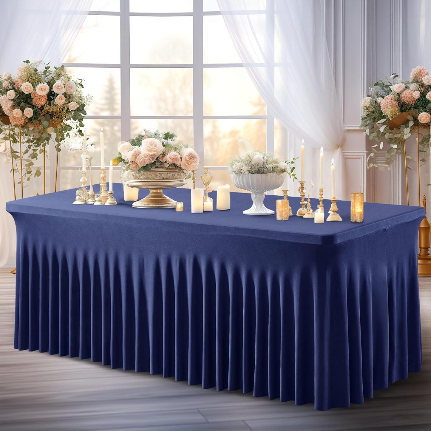 2-Pack Navy Blue Spandex TableCloths for 6' Rectangle Tables, Wrinkle-Free Fitted Stretch TableSkirts for Event, Wedding, Banquet & Parties