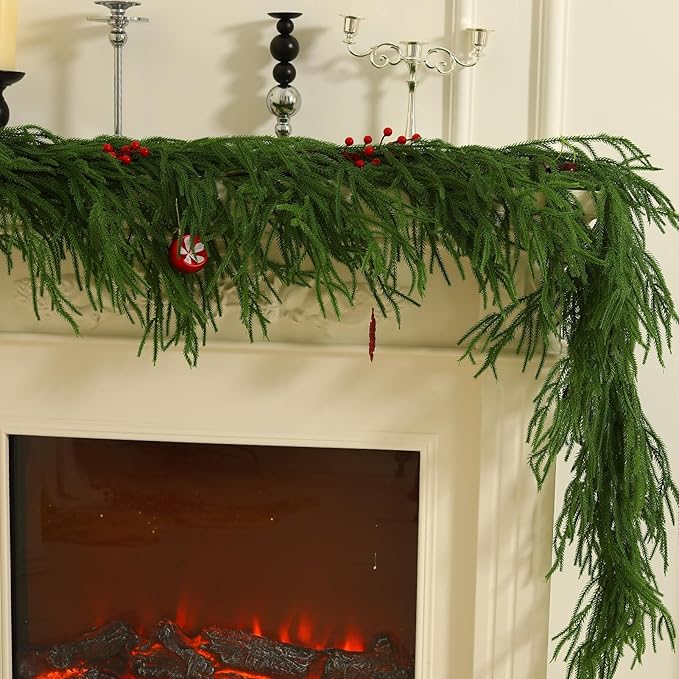 9FT Norfolk Pine Christmas Garland, Real Touch Artificial Greenery Garland for Indoor Outdoor Holiday Decor, Faux Pine Garland with Realistic Needles