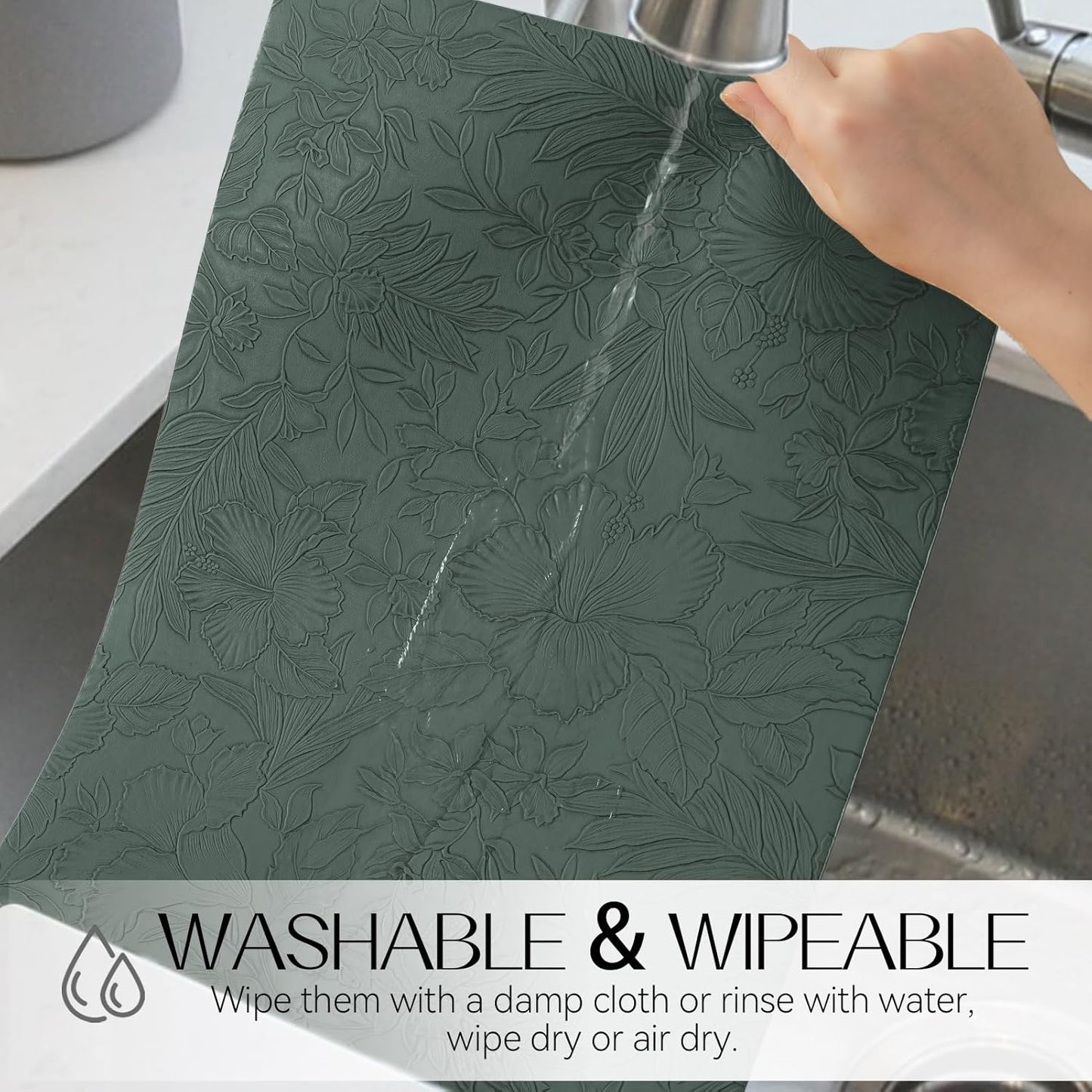 Romanstile Vinyl Placemats Set of 6-12 X 18 Inch - Heat Resistant Non-Slip Embossed Floral Place Mats 100% Waterproof Oilproof Wipeable Faux Leather Table Mats for Kitchen/Dining/Party, Green