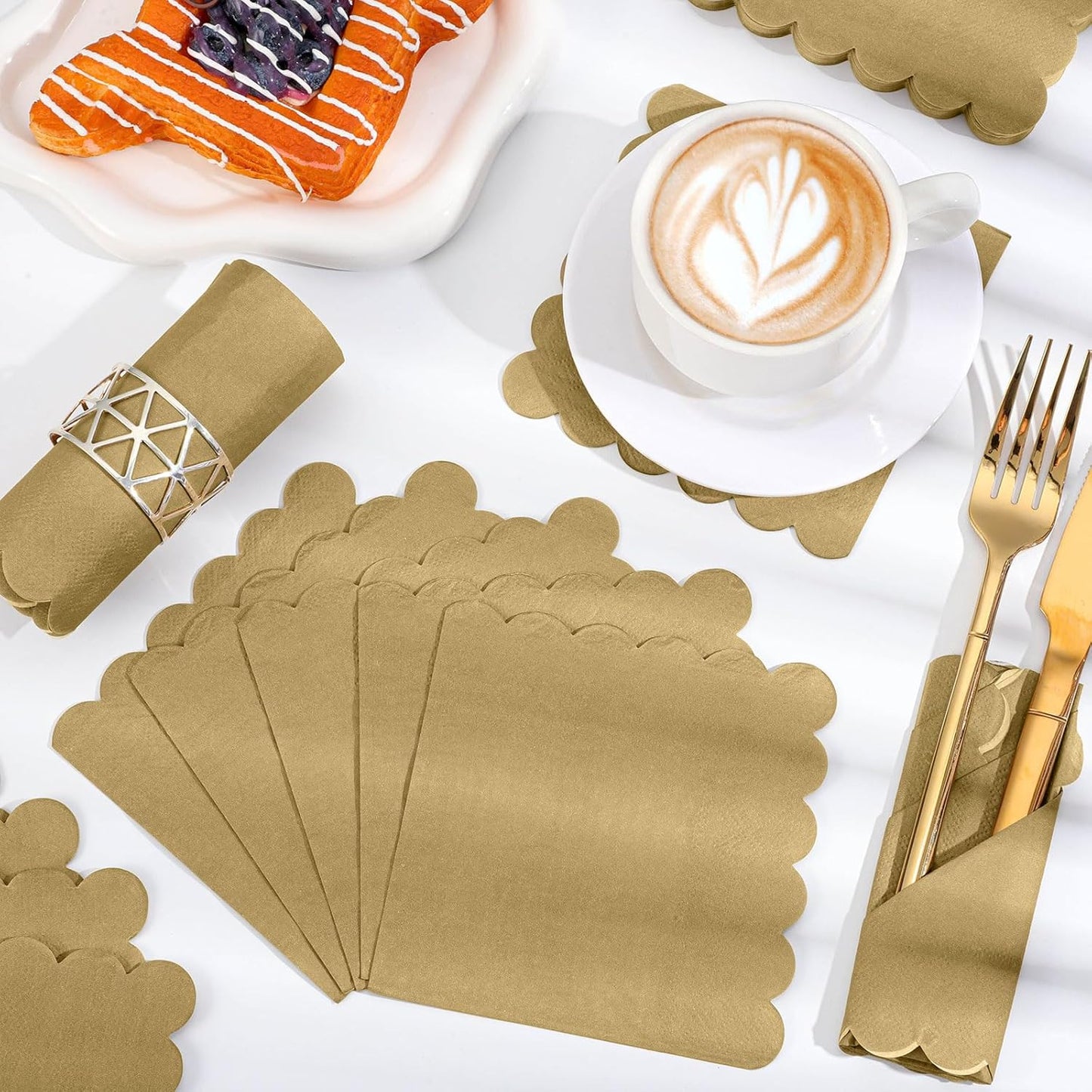 120 Pcs Cocktail Napkins Gold Napkins Disposable Scalloped Dessert Beverage Napkin Gold Party Napkin for Wedding, Birthday, Celebrate, 5 x 5 Inch