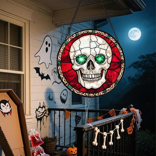 Stained Glass Window Hanging - Halloween Decorations Vampire Skeleton Suncatcher for Doors Garden Indoor Spooky Funny Sun Catchers Gothic Decor Horror Gifts for Women Men Friend 7.8 in