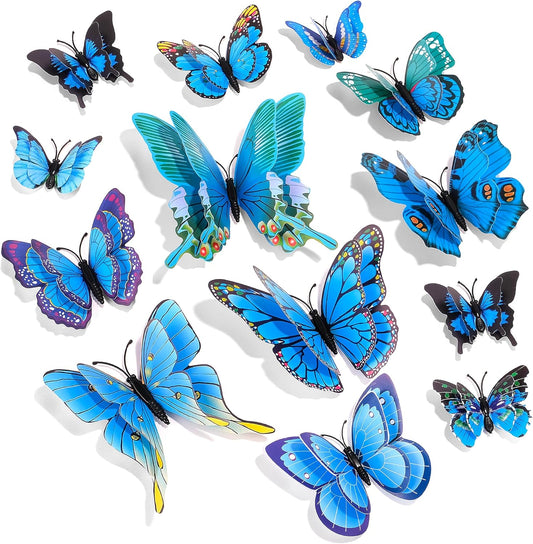 SAOROPEB 3D Butterfly Wall Decor, 48 Pcs Double Layer Butterfly Decorations for Party Decorations Locker Decor Refrigerator Decal, Reusable (Blue)
