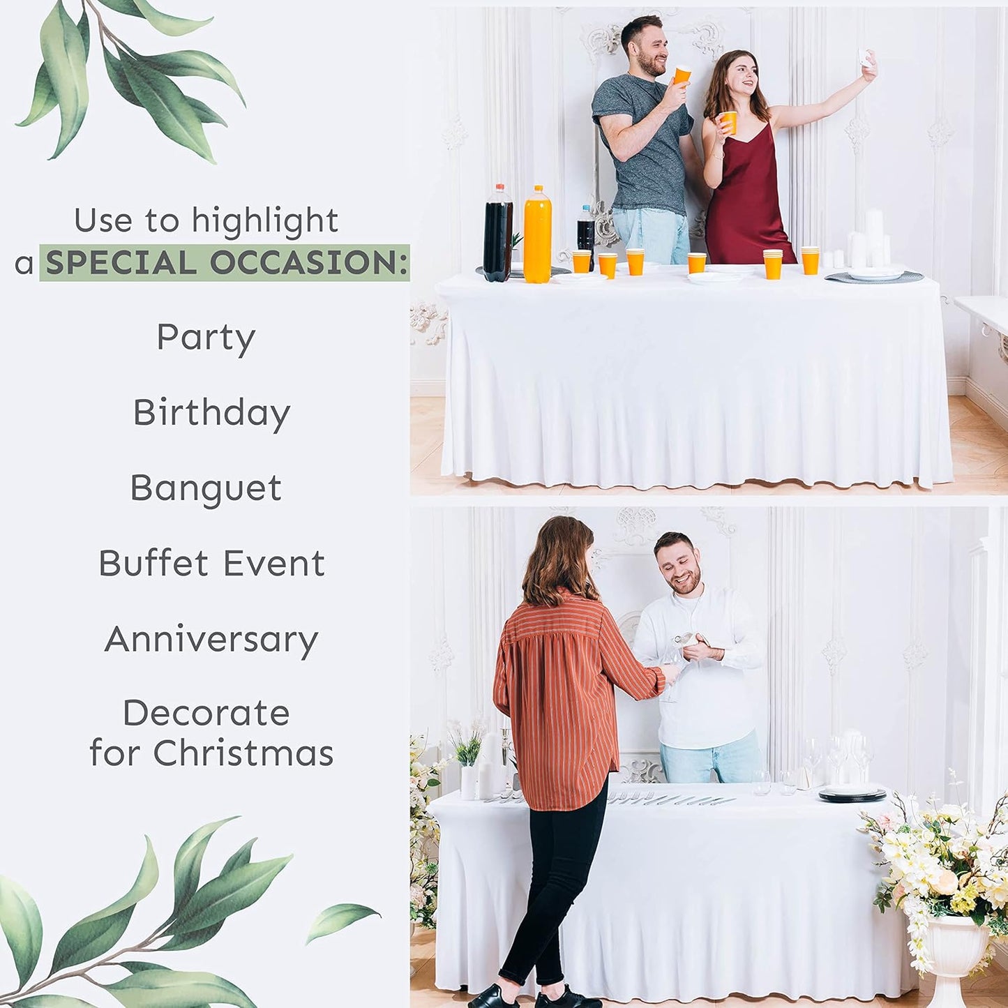 2 Pack Table Skirt for Rectangular Tables 6ft - Wedding Spandex Table Covers for Standard 6 Foot Table - One Piece Fitted Elastic Tablecloth - Great for Party, Event, Trade Show (Pack of 2, White 6ft)