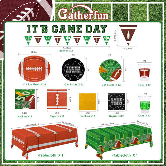 Gatherfun Football Party Supplies Kit for 24 Guests - Includes Large 12.5in Plates, Dessert Plates, Napkins, Cups, Banner and Touchdown Tablecloth - for Football Tailgate Party Decorations