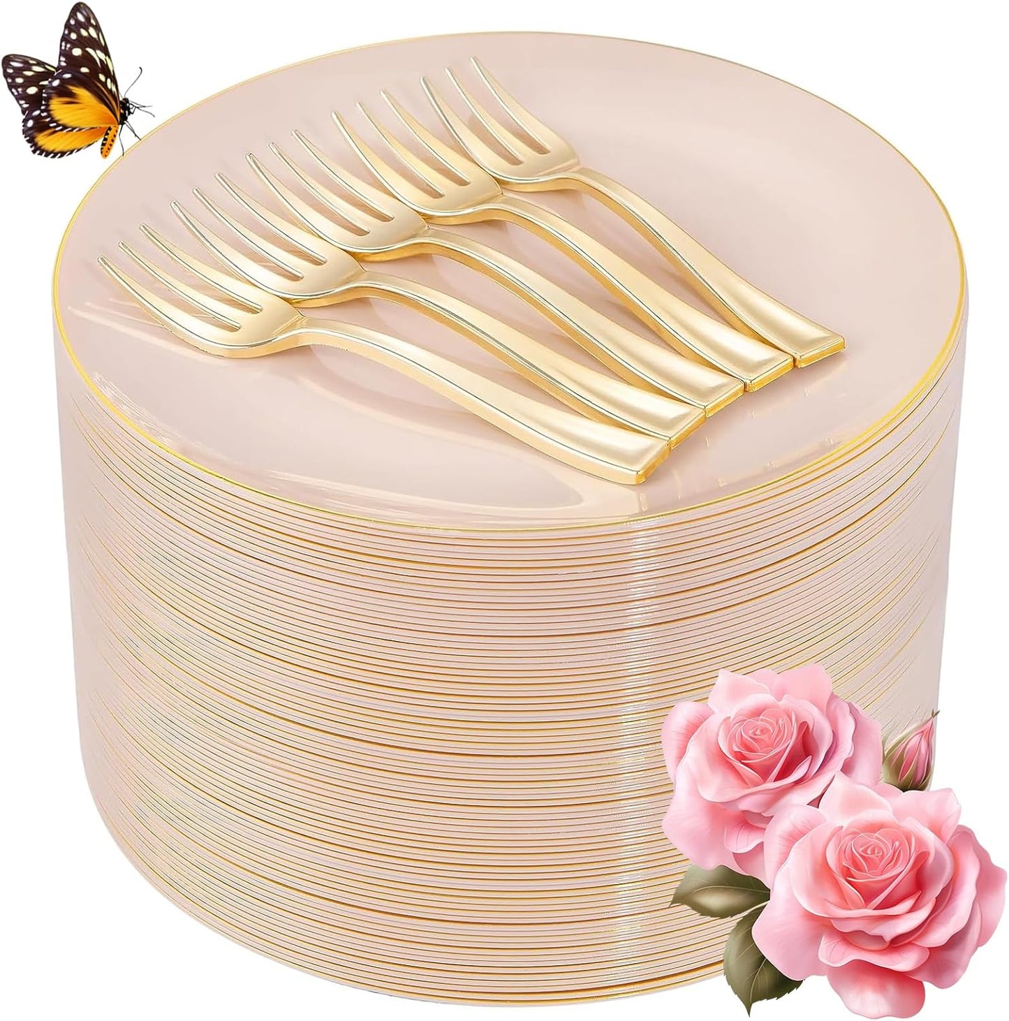 LIYH 200 Pcs Pink Gold Dessert Plates and Forks, Small Cake Plates 7.5 Inch, Party Plate and Forks 5 Inch for Bridal Shower, Birthday Tea Party
