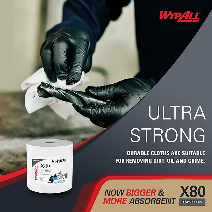 WypAll PowerClean X80 Cloths Heavy Duty Wipes (41025), Jumbo, Extended Use Towels, White (1 Roll of 475 Sheets, 475 Sheet Total)