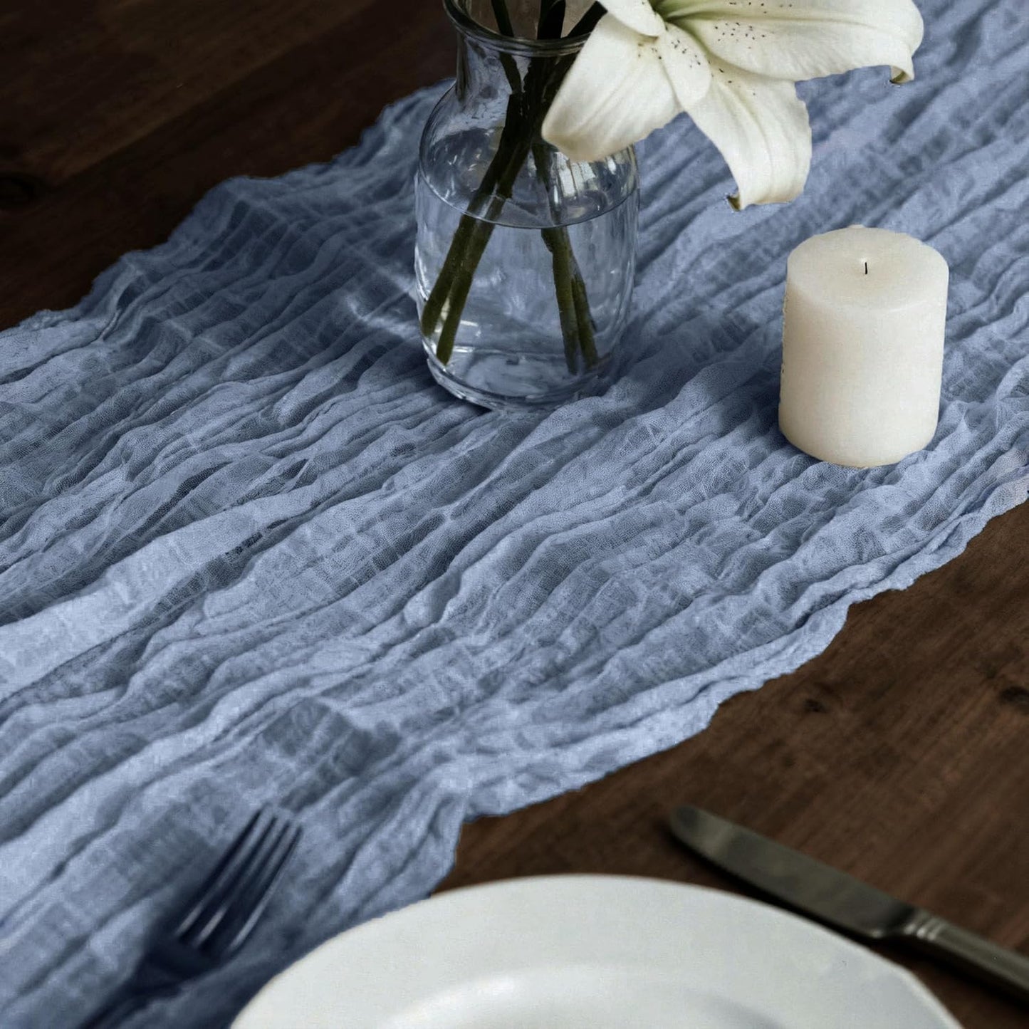 Gray Blue Cheesecloth Table Runner 12 Pack – 35 x 118 Inch Gauze Fabric Boho Table Runners for Wedding Arch, Rustic Bridal Shower, Baby Shower, Party Decorations, Farmhouse Home Decor