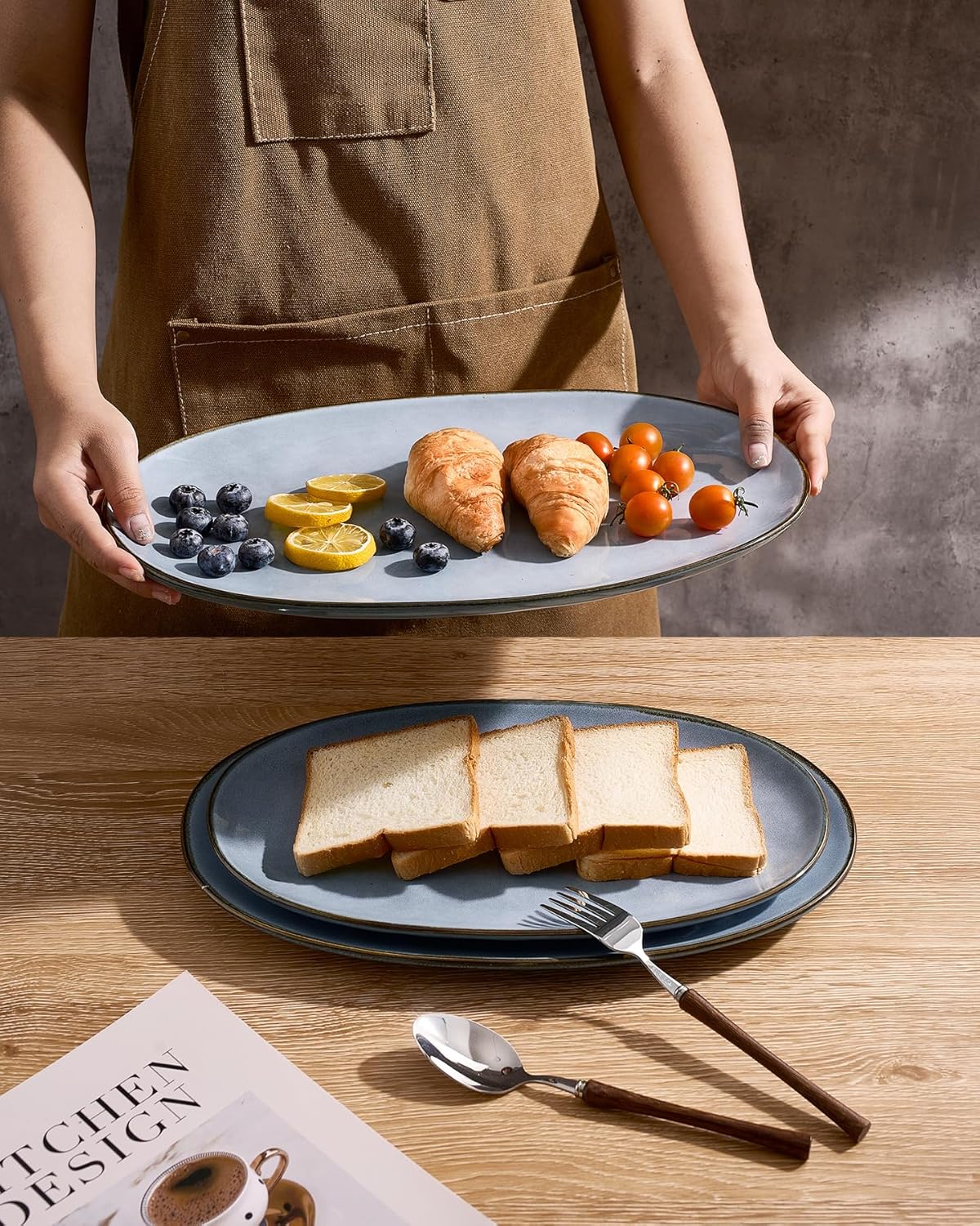 famiware Serving Platter, Oval 15.59/14.3/12.9inch Serving Dishes for Entertaining, Serving Bowls, Reactive Glaze, Stoneware Serving Trays for Party, Food, Turkey, Cheese, Ocean Series, Blue