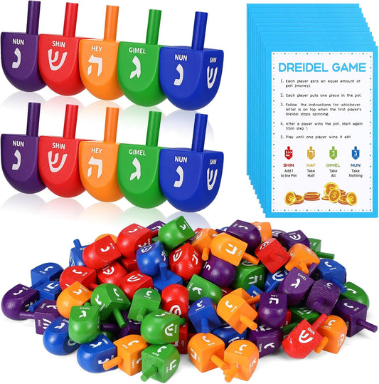 Wettarn 100 Pieces Hanukkah Dreidels Bulk Wooden Hanukkah Dreidels with Game Instruction Cards for Party Game (Size 1,Rainbow Style)