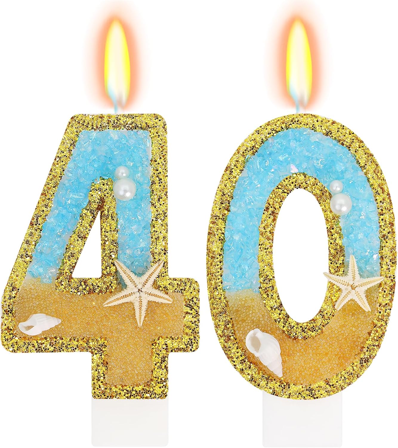 Ocean Number 40 Candle, Glitter Gold Beach Starfish Cake Topper, Tropical Ocean Princess Birthday Decorations for Party Supplies Wedding Anniversaries