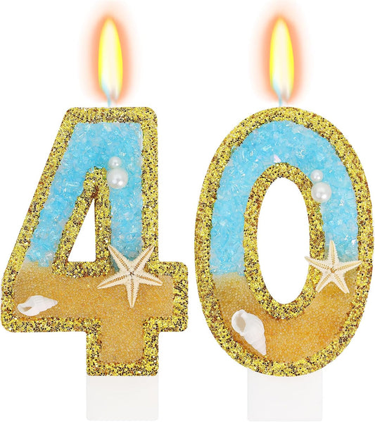Ocean Number 40 Candle, Glitter Gold Beach Starfish Cake Topper, Tropical Ocean Princess Birthday Decorations for Party Supplies Wedding Anniversaries