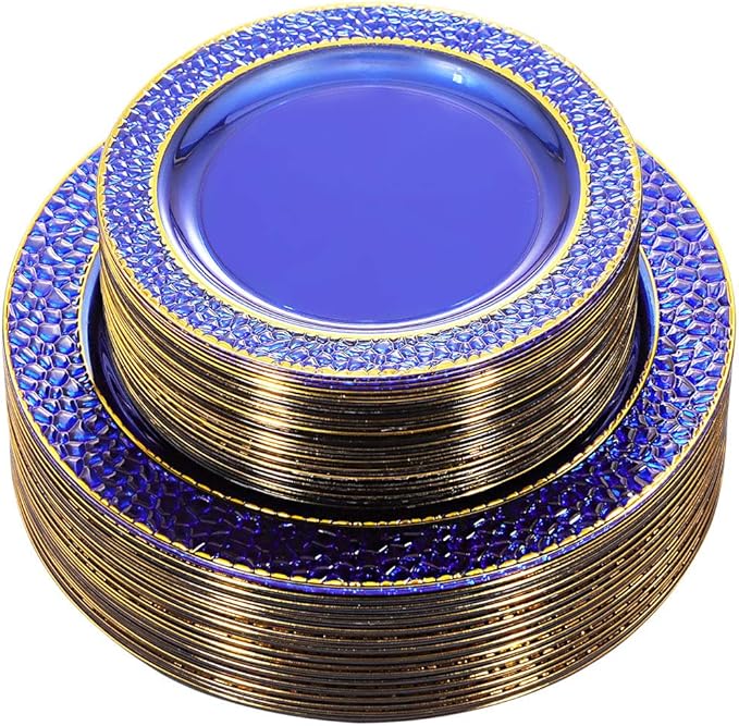 Nervure 102PCS Blue Plastic Plates - Disposable Blue Party Plates Include 51PCS 10.25inch Dinner Plate & 51PCS 7.5inch Dessert Plate for Wedding & Party & Father's Day