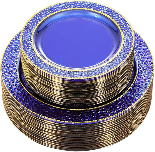 Nervure 102PCS Blue Plastic Plates - Disposable Blue Party Plates Include 51PCS 10.25inch Dinner Plate & 51PCS 7.5inch Dessert Plate for Wedding & Party & Father's Day