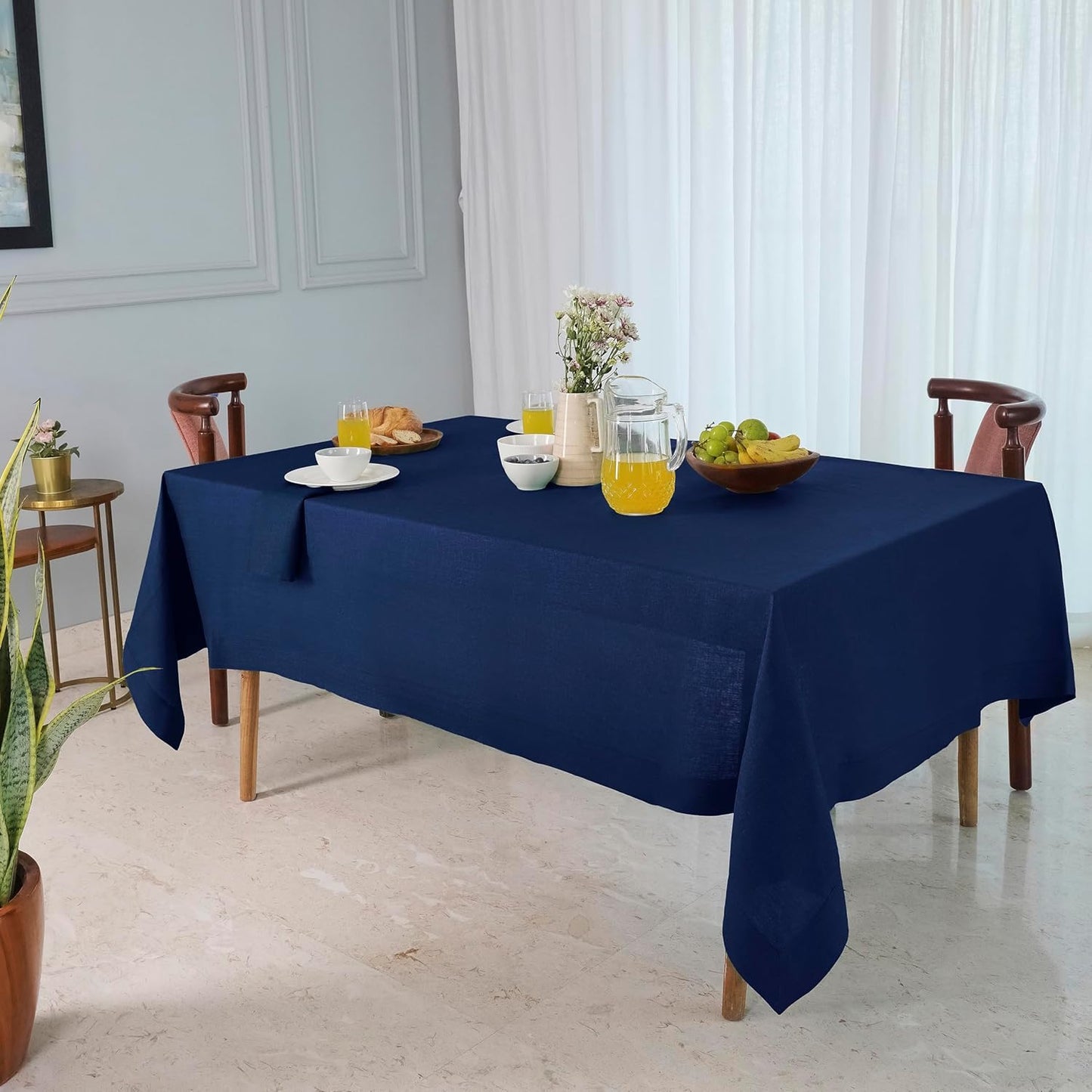 D'Moksha Homes Linen Tablecloth 60 x 120 Inch - 100% Pure Linen Navy Blue Table Cloth for Rectangle Tables - Machine Washable Cloth Tablecloth for Fall, Autumn and Halloween