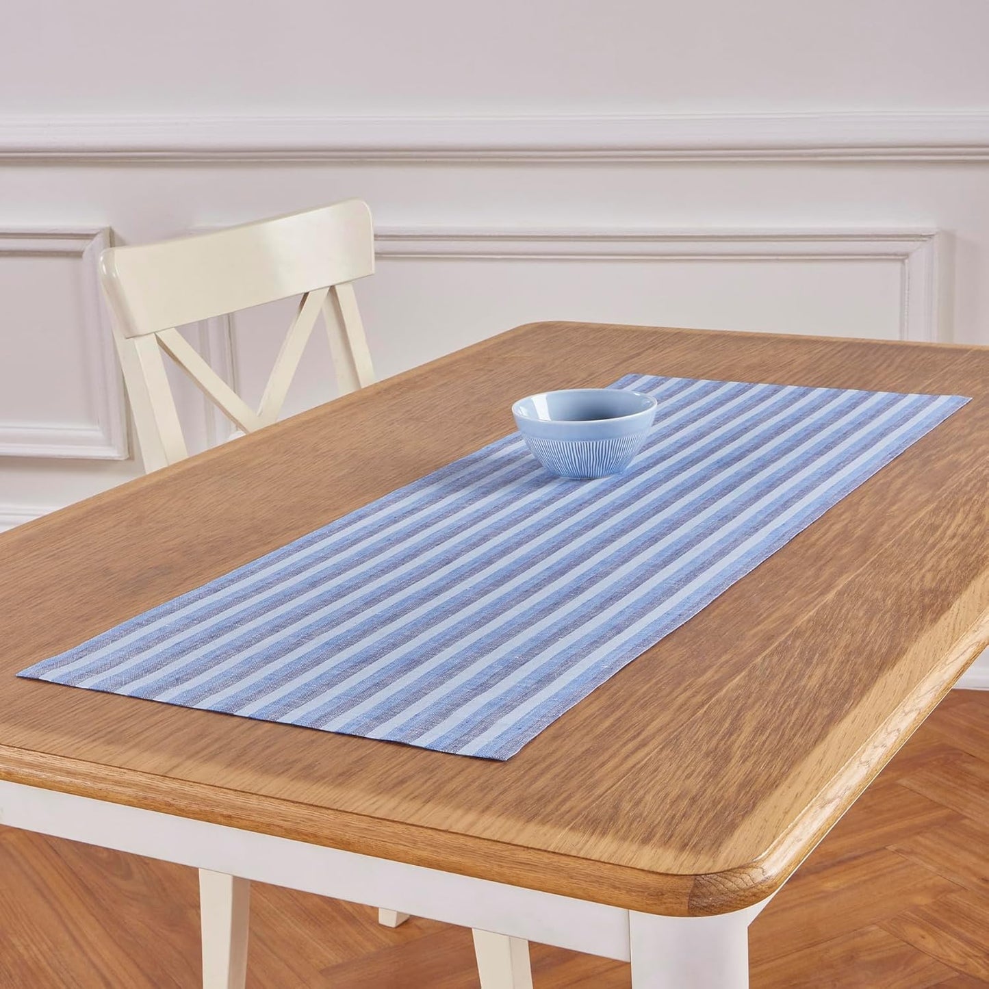 Solino Home Linen Table Runner 48 Inches - Amalfi Stripe 100% Pure Linen Bistro Blue Farmhouse Table Runner 14 x 48 Inch Ideal for Dresser and Coffee Tables