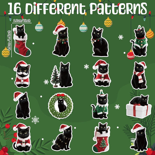 Christmas Black Cat Stickers - 2 Rolls with 16 Designs Waterproof Self-Adhesive Decals for Gift Wrapping, Kids Crafts, Water Bottles, Laptop Decor, Family Holiday Activities & Pet Lover Gifts