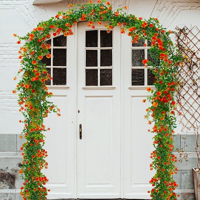 Faux Eucalyptus Garland Plant Fake Vines, Artificial Hanging Eucalyptus Leaves Greenery Vines Arch Kit Flower Green Garlands for Decoration for Wedding Backdrop Wall Party Home Indoor Outdoor(Orange)
