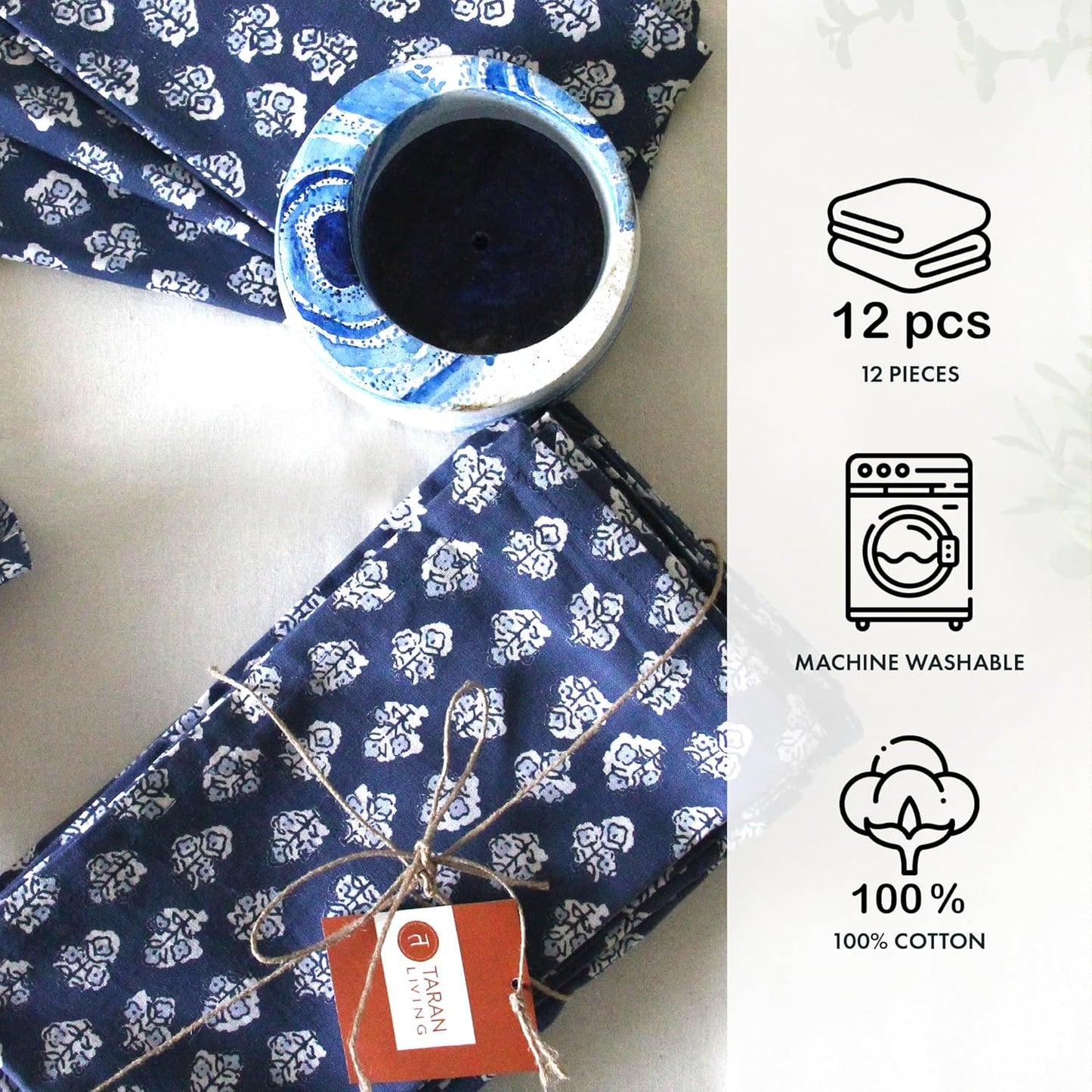 TARAN LIVING Cotton Cloth Napkins Reusable Floral Napkin Printed Dinner Napkin Set Cloth Daily Use Machine Washable Dish Cloth Gift for Valentine Home Decor Set of 12, Indigo Blue, 18x18 Inches