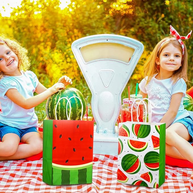 Outus 24 Pieces Watermelon Party Bags Watermelon Paper Goodie Bags Party Favor Bags Watermelon Treat Candy Bags Summer Fruit Birthday Party Supplies for Summer Pool Party Decorations