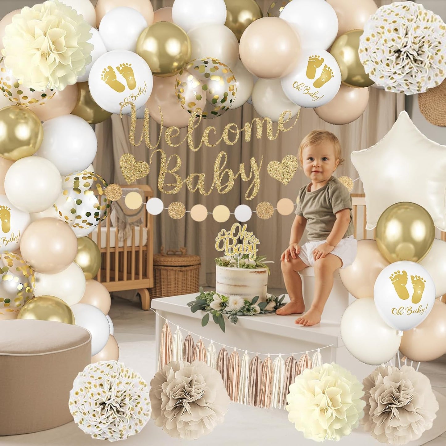 Neutral Gold Baby Shower Decorations for Boys Girls, Boho Welcome Baby Banner Gold Cream Beige Sand White Confetti Latex Balloons Oh-Baby Cake Topper Pom Poms for Baby-Shower Birthday Party Decoration