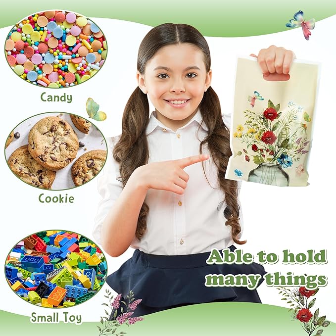 Vintage Wildflower Party Favor Bags - 50Pcs Plastic Retro Wild Flowers Candy Treat Gift Bag with Handles Butterfly Snack Goodie Gift Sacks Wedding Birthday Party Supplies Baby Shower Decor