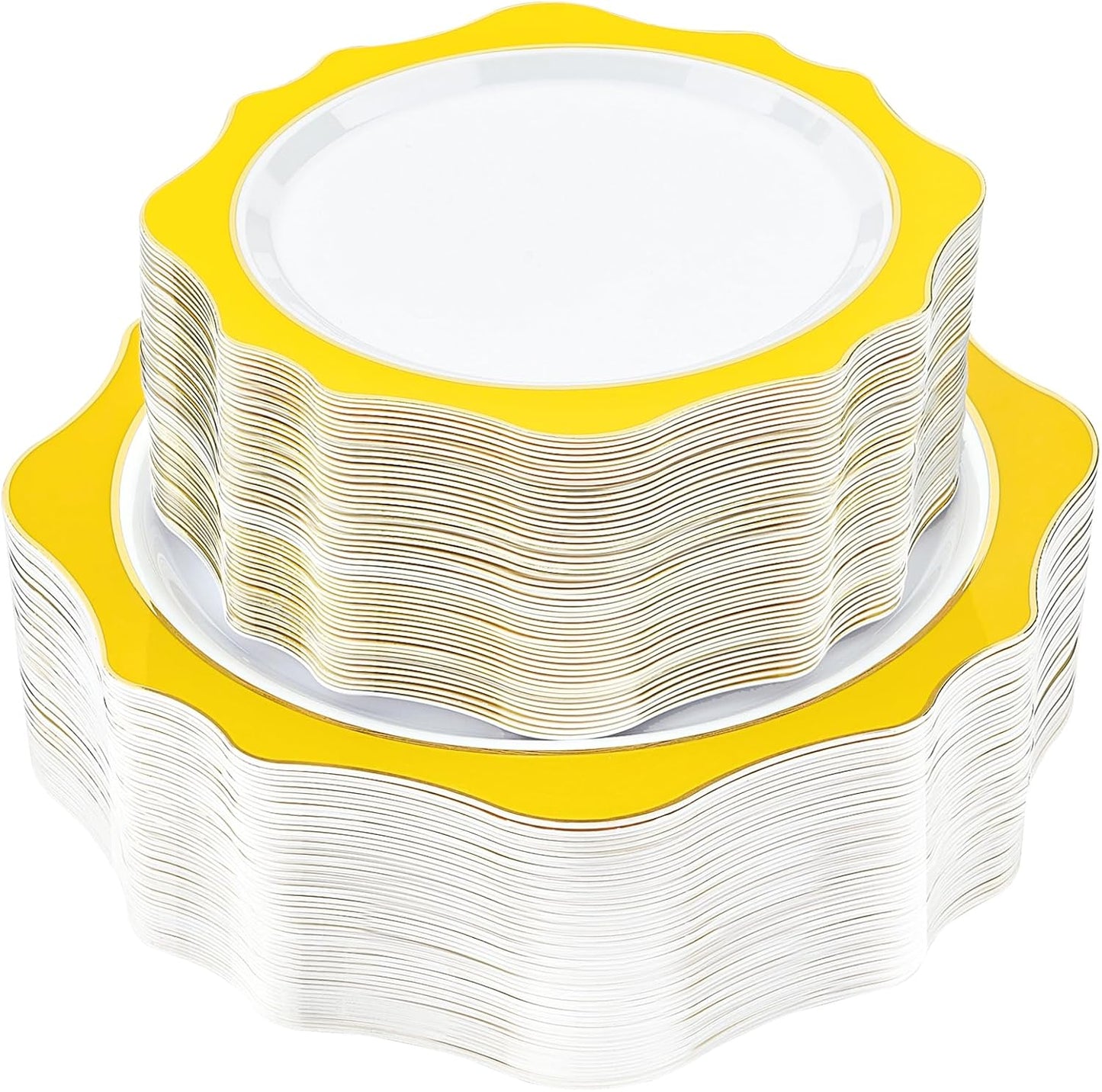 100 PCS White and Yellow Disposable Plates for 50 Guests, Scalloped Plastic Plates Include 50 Dinner Plates and 50 Dessert Plates for Party, Wedding