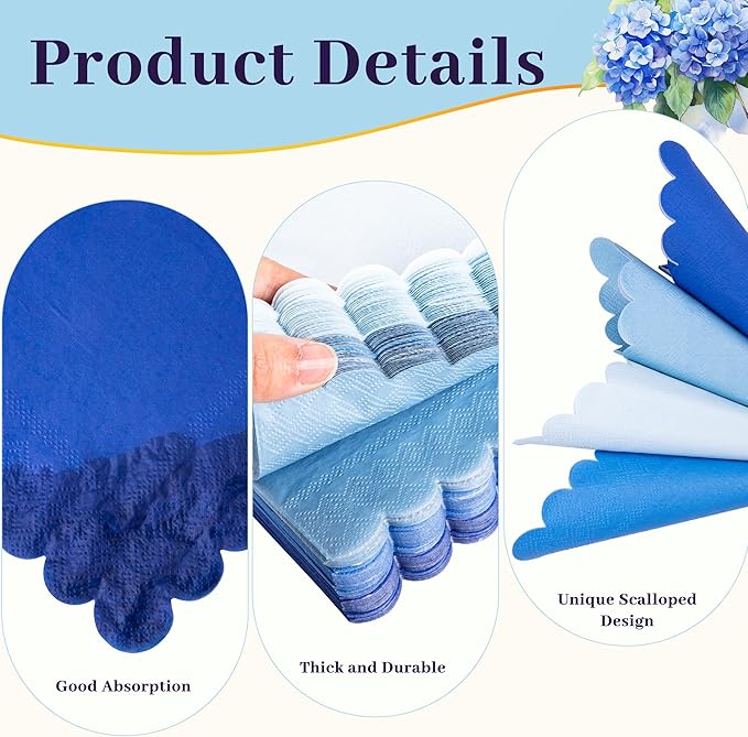 100 Pcs Blue Cocktail Napkins Folded 5 x 5 Scalloped Napkins Gradient Color Beverage Napkins Disposable Dessert Napkins for Birthday Party Supplies Wedding