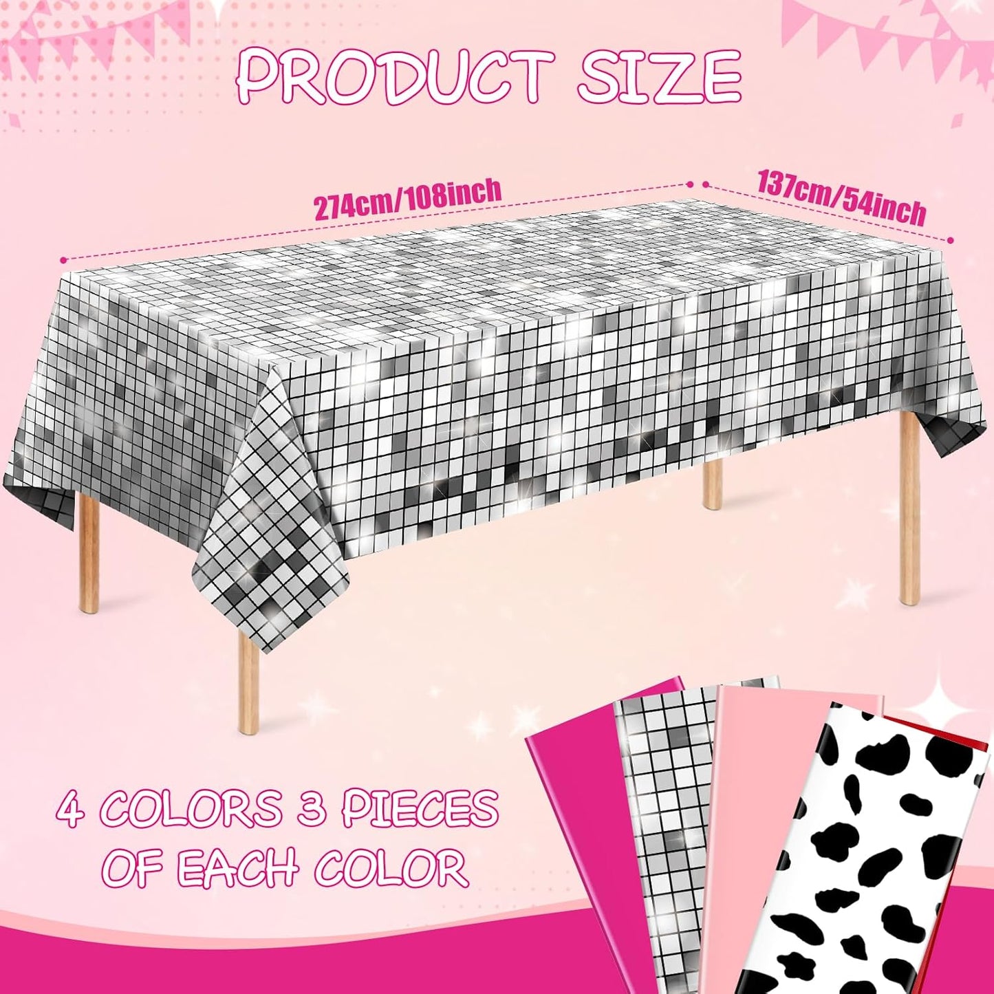 12 Pack Disco Cowgirl Tablecloth Party Decorations, Pink Cow Print Disposable Table Cover, Rectangle Table Cloth for Pink Cowgirl Birthday Disco Bachelorette Party Supplies Decorations, 54 x 108 Inch