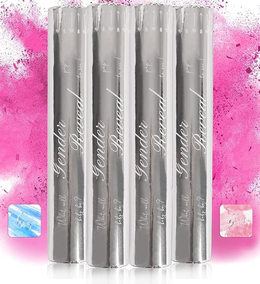 Gender Reveal Confetti Powder Cannon - 4 Pink Poppers - Gender Reveal Party Supplies - Smoke Powder & Confetti Cannons - Reveal Stickers 40pcs (20 Girl 20 Boy)
