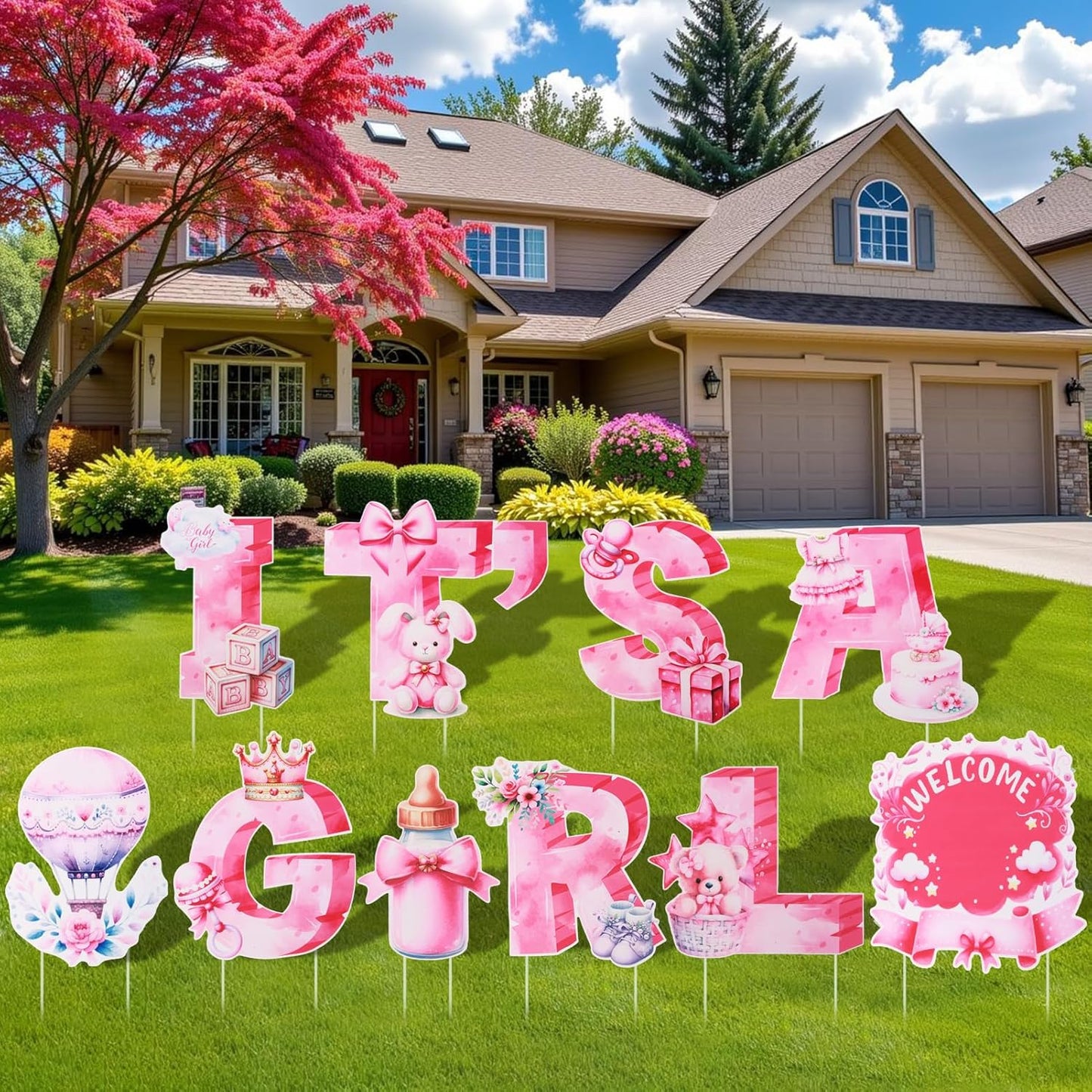 EASY JOY 10PCS Its A Girl Yard Signs with Stakes Pink It's A Girl Baby Shower Yard Sign for Gender Reveal Outdoor Garden Lawn Party