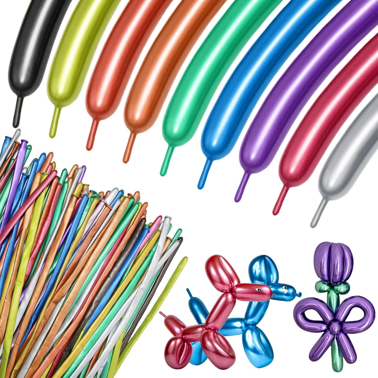 100Pcs 260 Balloons Metallic Long Balloons for balloon animals, Thickening Skinny Latex Twisting Balloon for Animals Modeling Christmas Birthday Wedding Party Decorations.(Multi)
