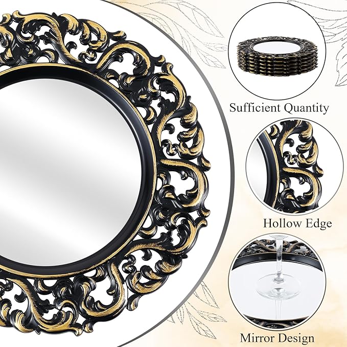Maxdot 6 Pcs 13" Mirror Charger Plates for Dinner Plates Plastic Round Embossed Edge Dinner Chargers for Table Setting Wedding Party Christmas Holiday Supplies Elegant Tabletop (Black and Gold)