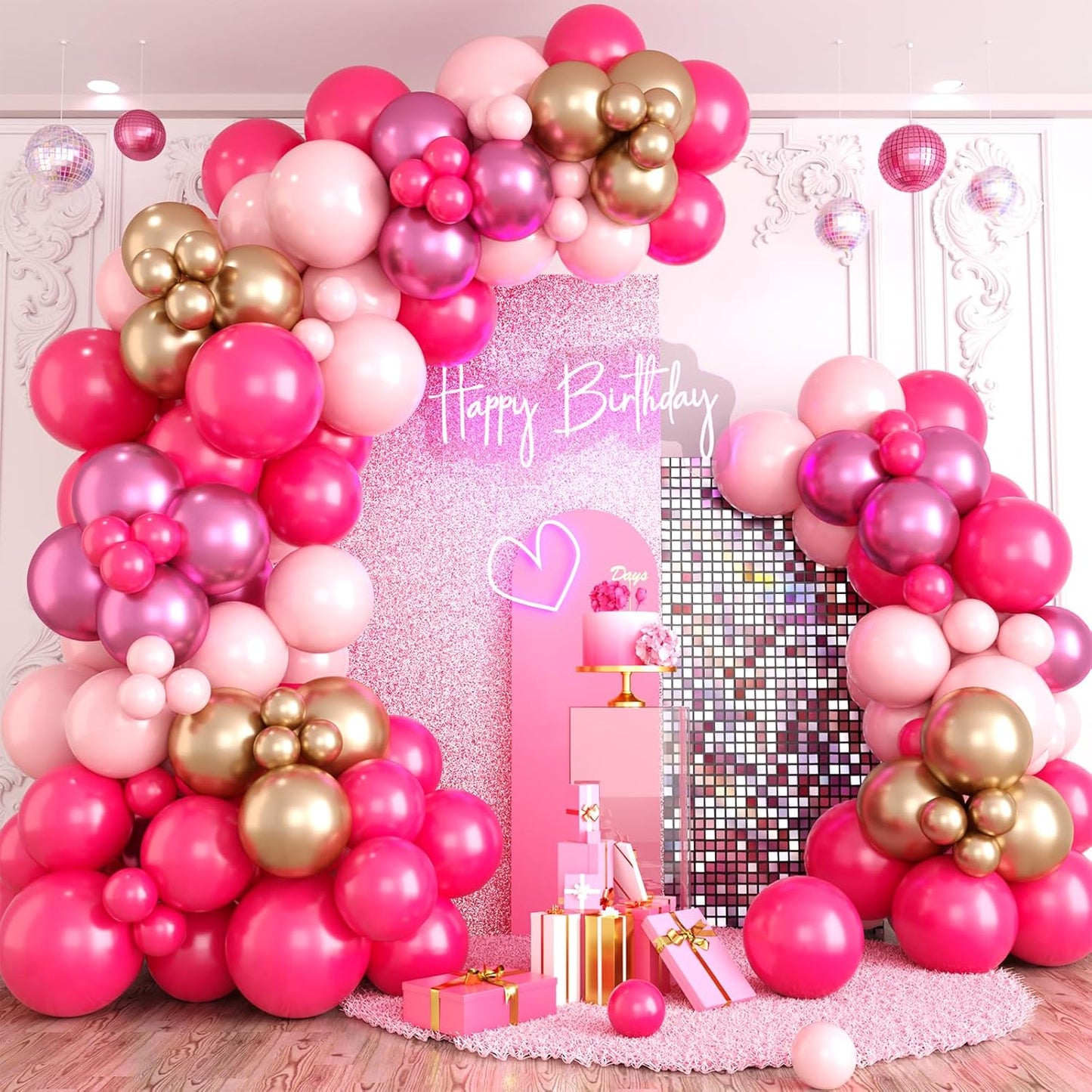 Pink Balloon Arch Garland Kit, Pastel Baby Hot Pink Balloons with Metallic Gold Latex Balloons for Girls Women Birthday Bridal Baby Shower Wedding Anniversary Princess Theme Decorations