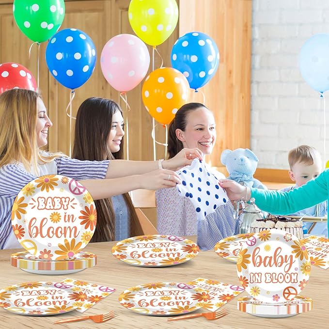 96Pcs Baby in Bloom Baby Shower Party Supplies Floral Shower Groovy Floral Paper Plates Napkins Hippie Party Decorations Boho Daisy Dinnerware Favor Tableware Serves 24