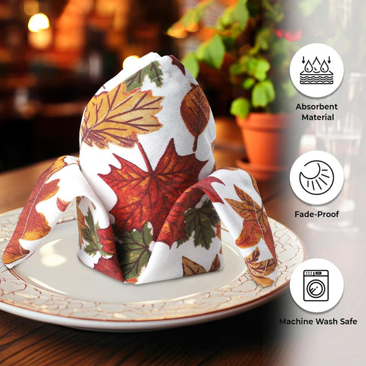 Urban Villa Fall Cloth Napkins Harvest Leaves Print 100% Cotton Absorbent Dinner Napkins (Set of 12) 20x20 Inches Thanks Giving Soft Durable Washable Reusable Ideal for Everyday Use Wedding Parties