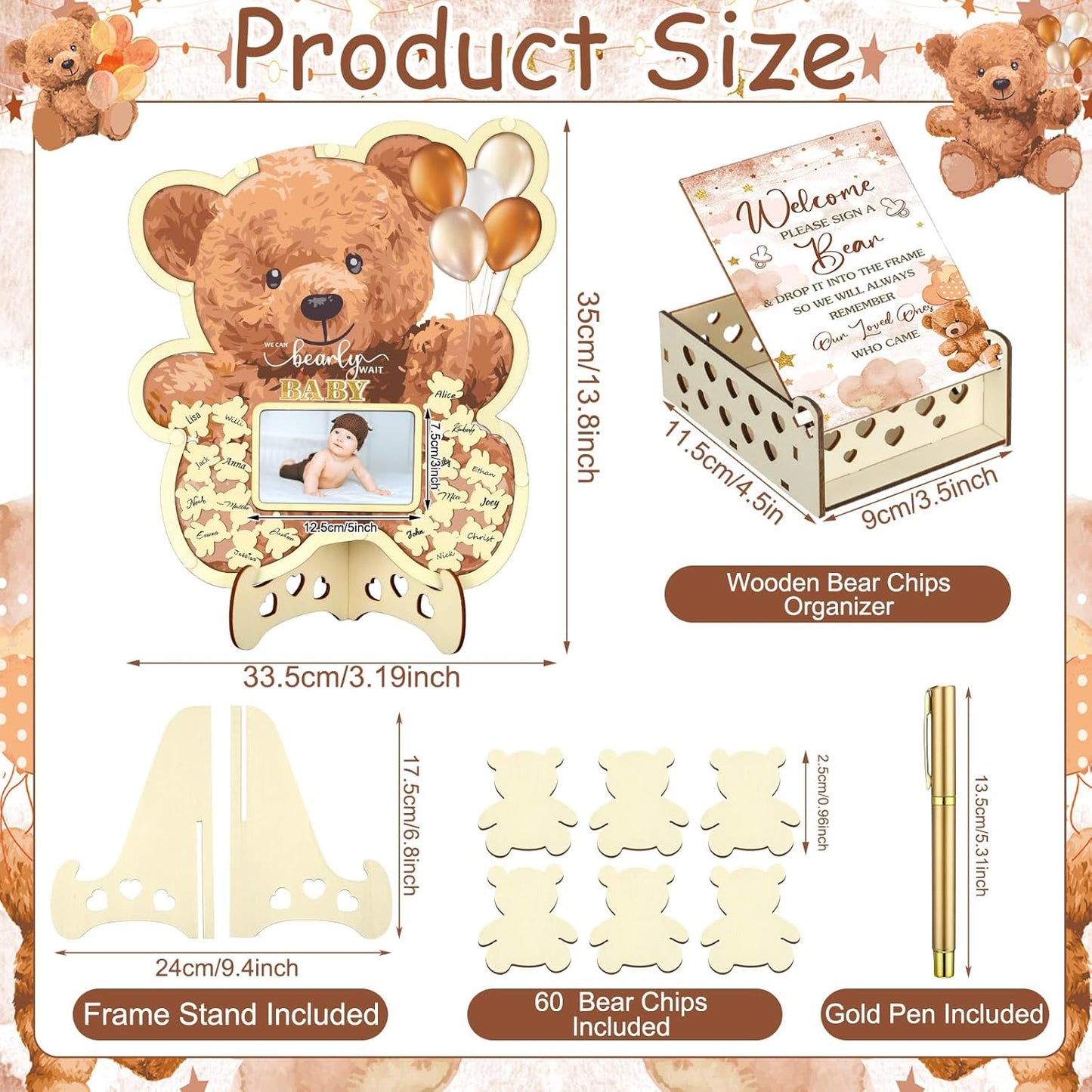 Wenqik 63 Pcs Brown Bear Baby Shower Guest Book Alternatives Set Baby Shower Decorations with Photo Frame Sonogram Frame Keepsake 60 Wood Slices Guest Book for Birthday