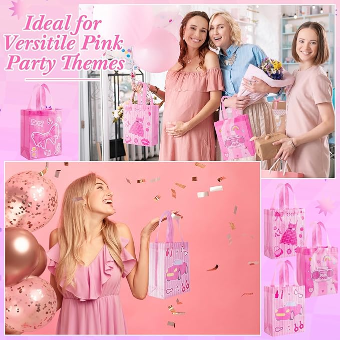 Wesnoy 24 Pcs Pink Party Favor Bags with Handle Hot Pink Reusable Non Woven Goodie Bags Bulk Princess Party Favors for Bachelorette Birthday Decoration