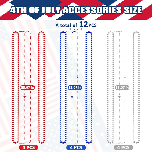 4th of July Party Favors, 12PCS Veterans Day Necklaces Bulk, Fourth of July Red Blue Silver Beads Necklace, Veterans Day Patriotic Beads Bulk for Parade Party Celebration Favors Decorations