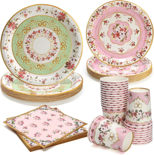 96pcs Tea Party Plates and Napkins Cups Fancy Paper Plates Round Disposable Tableware Set for 24 Guest Gold Border Retro Gorgeous Picnic Wedding Kids Birthday Party Supplies Decorations