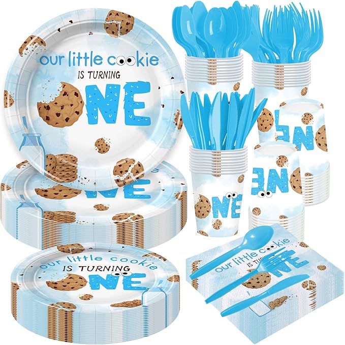 168Pcs Cookies Party Supplies Chocolate Chip Cookies and Milk Drinks Birthday Decorations for Baby Boys Girls 1st Birthday Party Tableware Serve 24