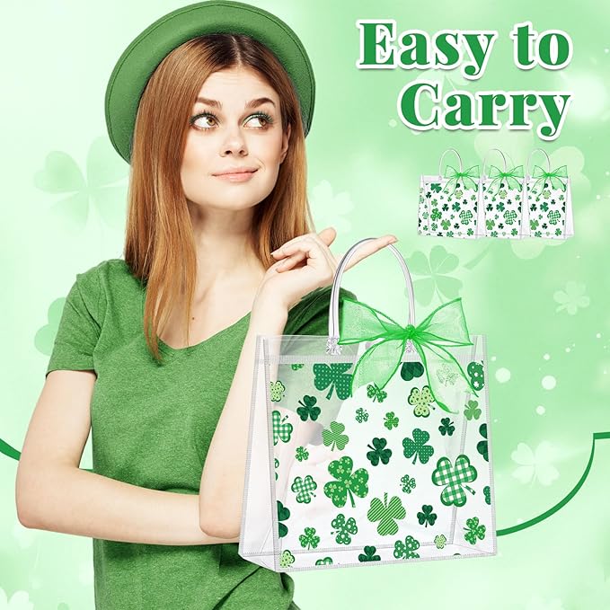 Wesnoy 24 Pcs St Patricks Day Clear Gift Bags with Handles Shamrock PVC Treat Totes with Ribbon Green Clover Gift Wrapping Bag Bulk for Irish Party Favor Supplies Holiday Gifts, 6.3 x 5.9 x 3.2 Inch