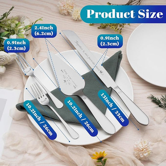 Eisinly 4-Piece Wedding Cake Cutting Set – Stainless Steel Cake Knife, Server & Forks, Silver