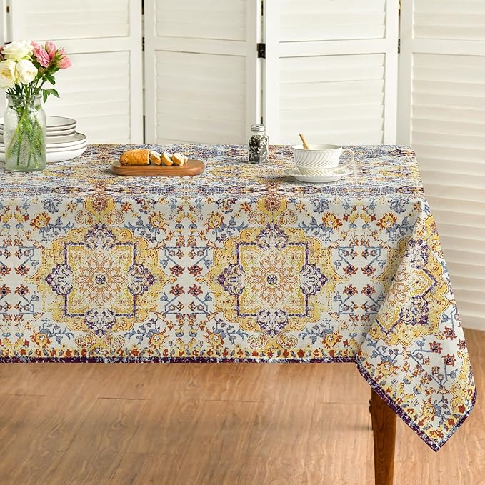 Horaldaily Boho Bohemia Style Tablecloth 60×104 Inch Rectangular, Yellow Vintage Country Rustic Farmhouse Magical Fall Orange Washable Seasonal Table Cover for Party Picnic Dinner Decor