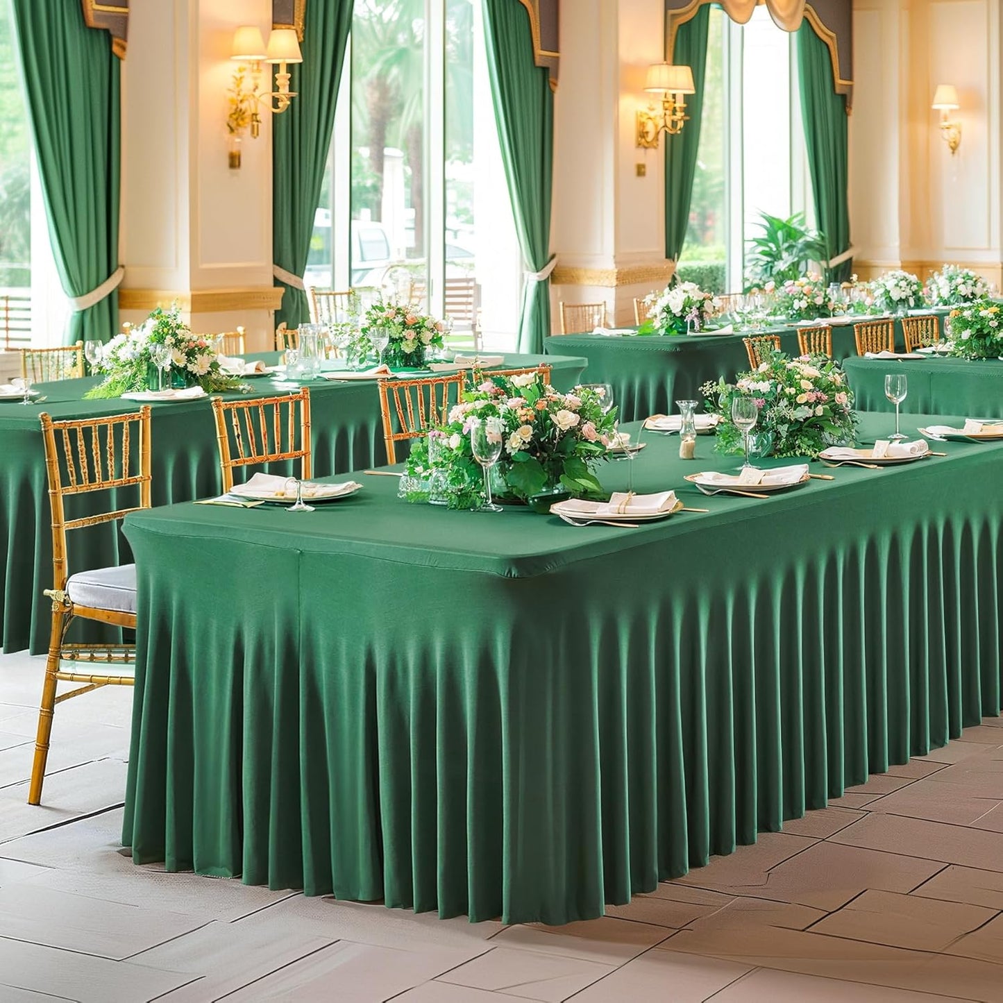 PARTISKY Hunter Green Spandex Tablecloth for 8ft Rectangle Tables, Stretchable Table Cover Skirt for Folding Tables Weddings Parties Banquets Events Trade Shows and Dessert Table