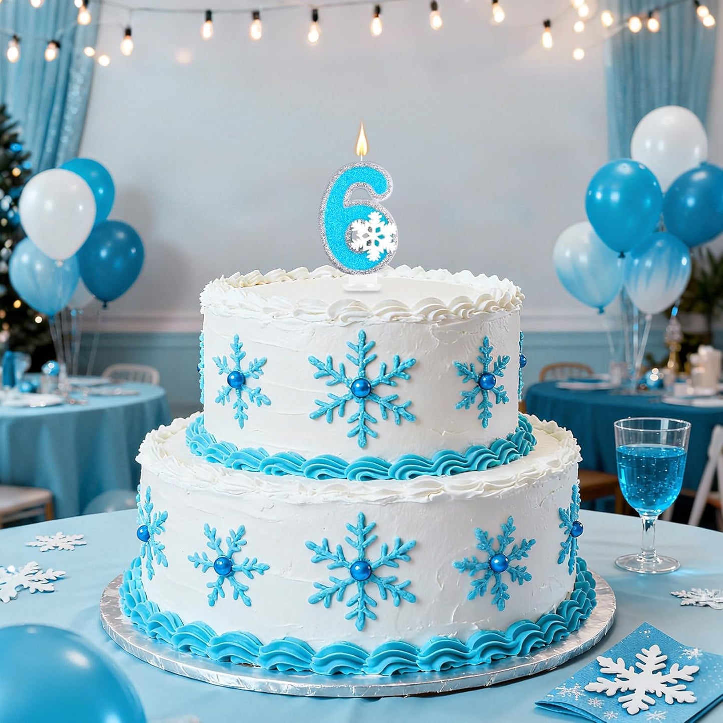 Frozen Themed Birthday Candles Party Decorations, Blue and Silver Number 6 Birthday Candle, Happy Birthday Candle for Cake, Snowflake Cake Topper Decoration for 6th 6 Year Old Party Favor Supplies