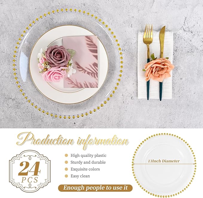 24 PCS Clear Round Charger Plates with Beaded Rim, 13 Inch Plastic Acrylic Plate, Plastic Round Beaded Dinner Decorative Service Plates for Wedding Party Event, Home Kitchen Tabletop(Gold)