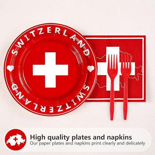 Grencian 96Pcs Switzerland Party Supplies Swiss Flag Plates and Napkins Disposable Switzerland Paper Plates Swiss National Day Decorations Tableware Kit for Travel, Cultural or Themed Events