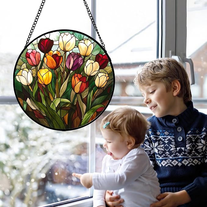 Stained Glass Window Hanging Colorful Tulip Large 11.8" - Flower Suncatcher Door Garden Sun Catcher Home Plant Decor Birthday Mother's Day for Mom Woman Friend Nana Colleague