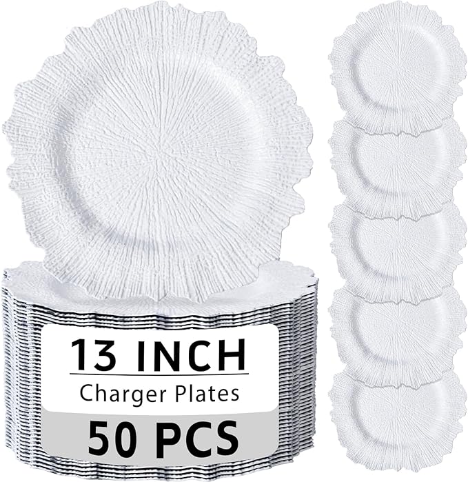 EI 50pcs Reef Charger Plates Bulk,13 Inch Plastic White Charger Plates,Parties,White Chargers for Dinner Plates,Suitable for Wedding,Events