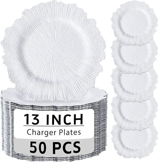 EI 50pcs Reef Charger Plates Bulk,13 Inch Plastic White Charger Plates,Parties,White Chargers for Dinner Plates,Suitable for Wedding,Events